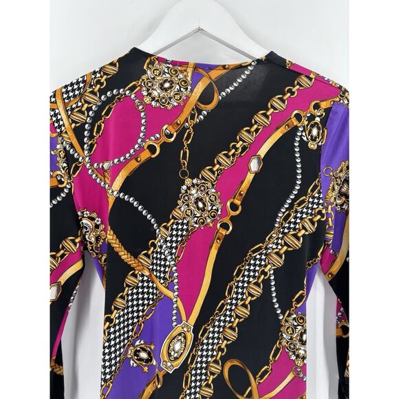 Cache Blouse Womens Medium Multicolor Chain Print Houndstooth Ruched Faux Wrap - Picture 13 of 16